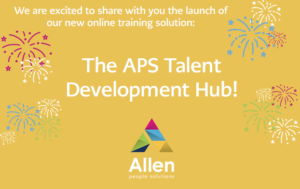 Yellow background with Allen People Solutions logo, firework illustrations and text reading "We are excited to share with you the launch of our new online training solution: The APS Talent Development Hub!"