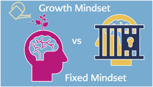 Text reads "Growth Mindset vs Fixed Mindset" With an image of a head with a flower growing out of it, and a head with a lock on it.